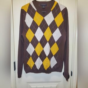 Banana Republic Brown V-Neck Sweater with Yellow and White Argyle